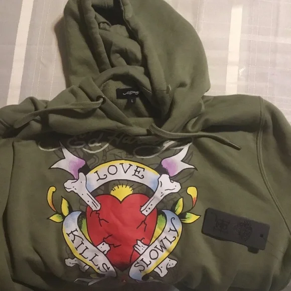 🌹2X HOST PICK🌹 ED HARDY “LOVE KILLS SLOWLY” GREEN PULL OVER HOODIE/NWT/SZ L - Picture 6 of 15